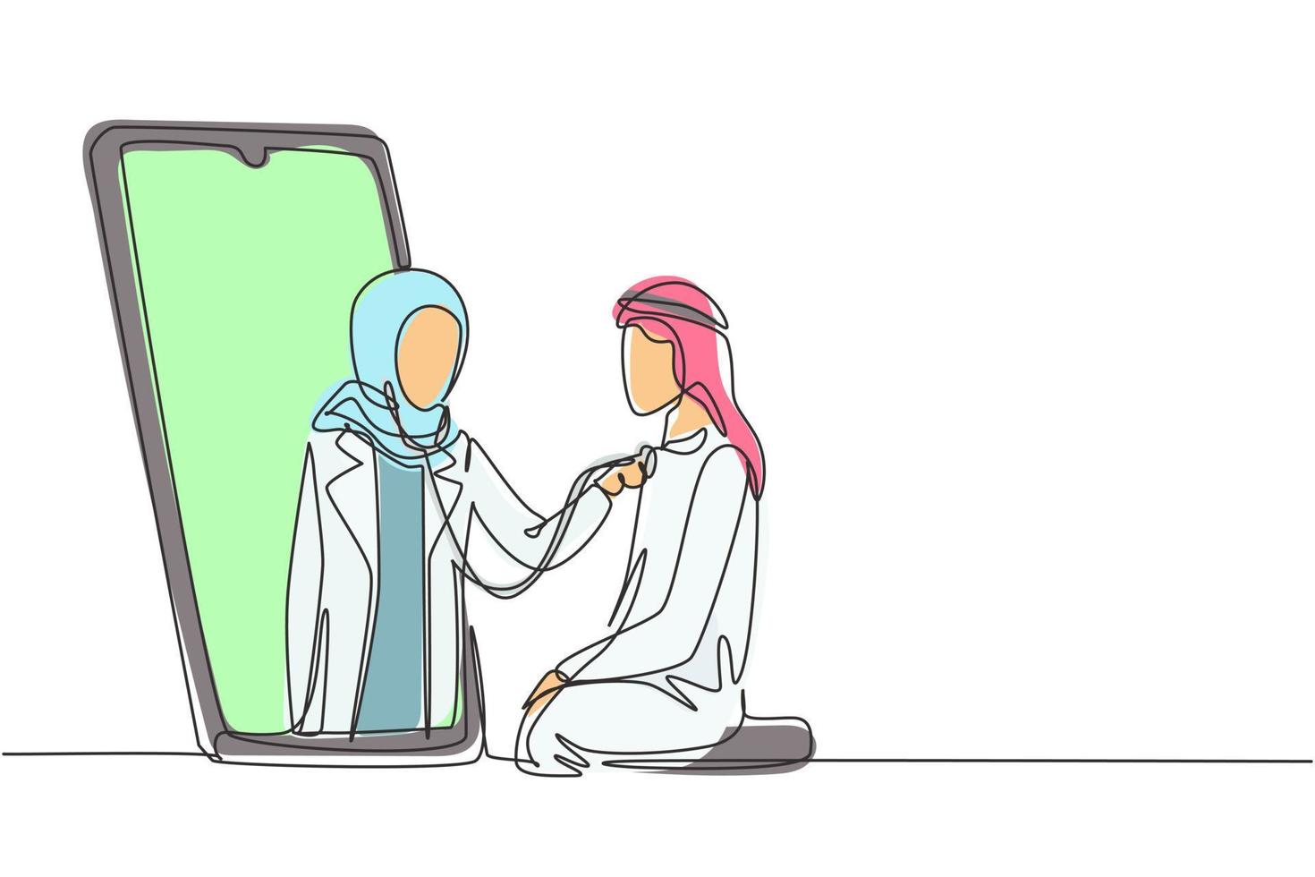 Single continuous line drawing hijab female doctor comes out of smartphone screen and checks male patient's heart rate using stethoscope sitting on chair. One line graphic design vector illustration