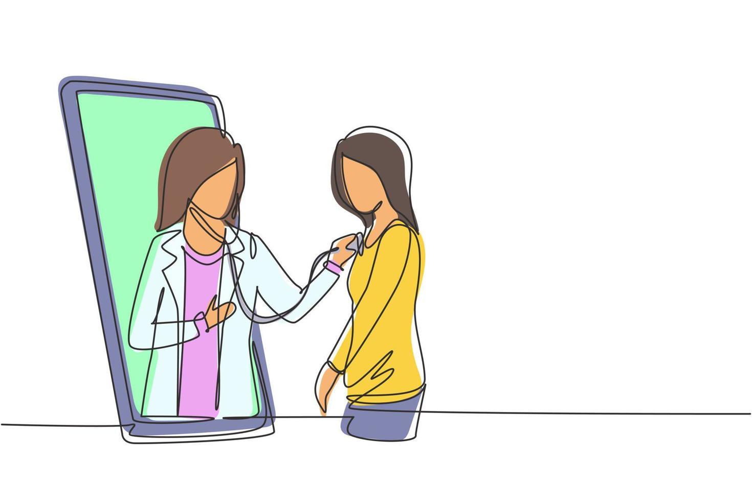 Single continuous line drawing female doctor comes out of smartphone screen and checks female patient's heart rate using a stethoscope. Online doctor. One line draw graphic design vector illustration