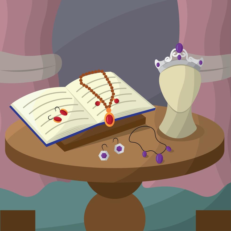 Table with open book and manikin with crown Vector illustration