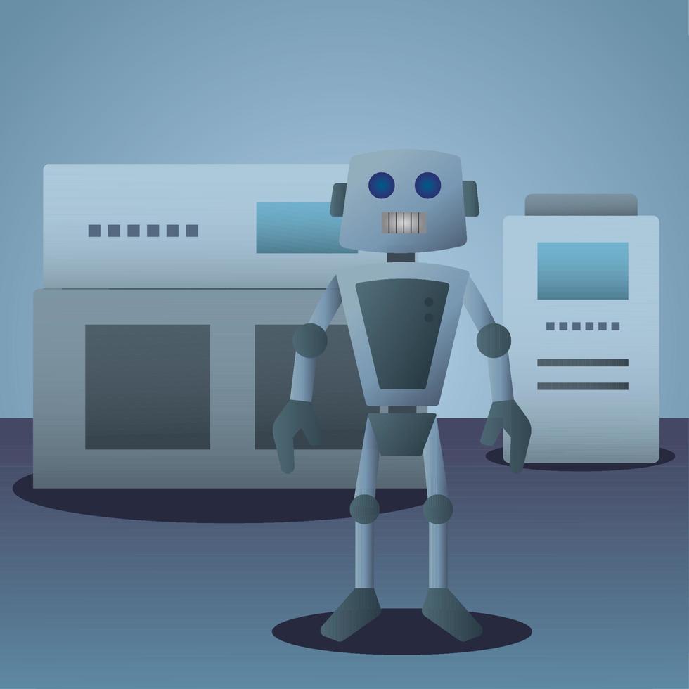 Cute robot toy with pc towers Vector illustration