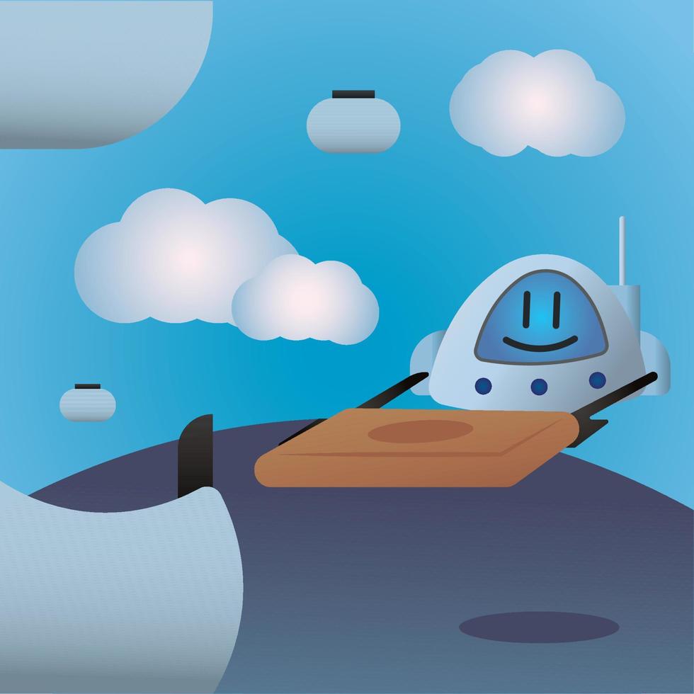 Flying cute robot delivering a pizza Vector illustration