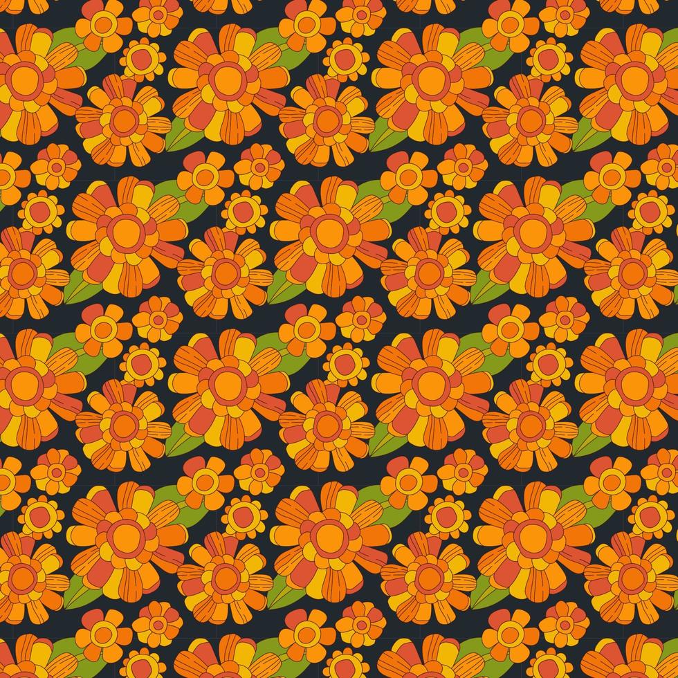 Orange, yellow daisy, chamomile flowers on dark background. Boho style colorful floral seamless pattern in 70s, hippie, and groovy aesthetics. Colorful retro design for print, fashion purposes vector