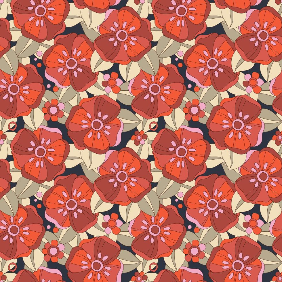 Vector seamless pattern inspired by the floral, hippie, and groovy aesthetics of the 60s and 70s. Red flowers on dark background. Colorful retro design for any purposes. Psychedelic wallpaper design