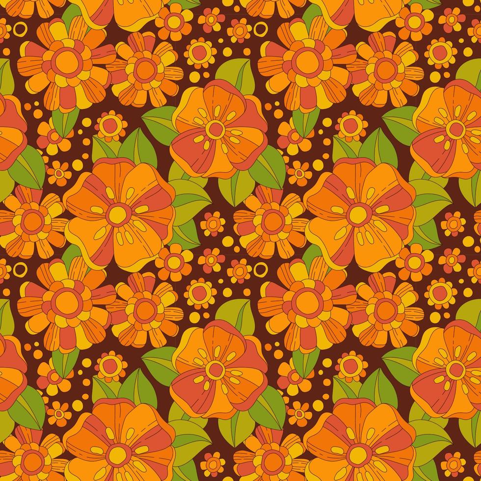 Bright colorful floral seamless pattern inspired by the 70s, hippie, and groovy aesthetics. Orange, yellow flowers on dark background. Colorful retro design for print, fashion purposes vector