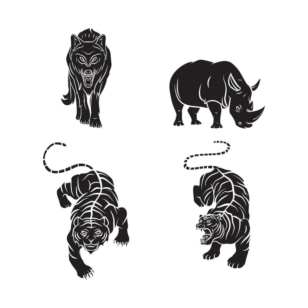 wolf, tiger, rhino set collection tattoo illustration vector