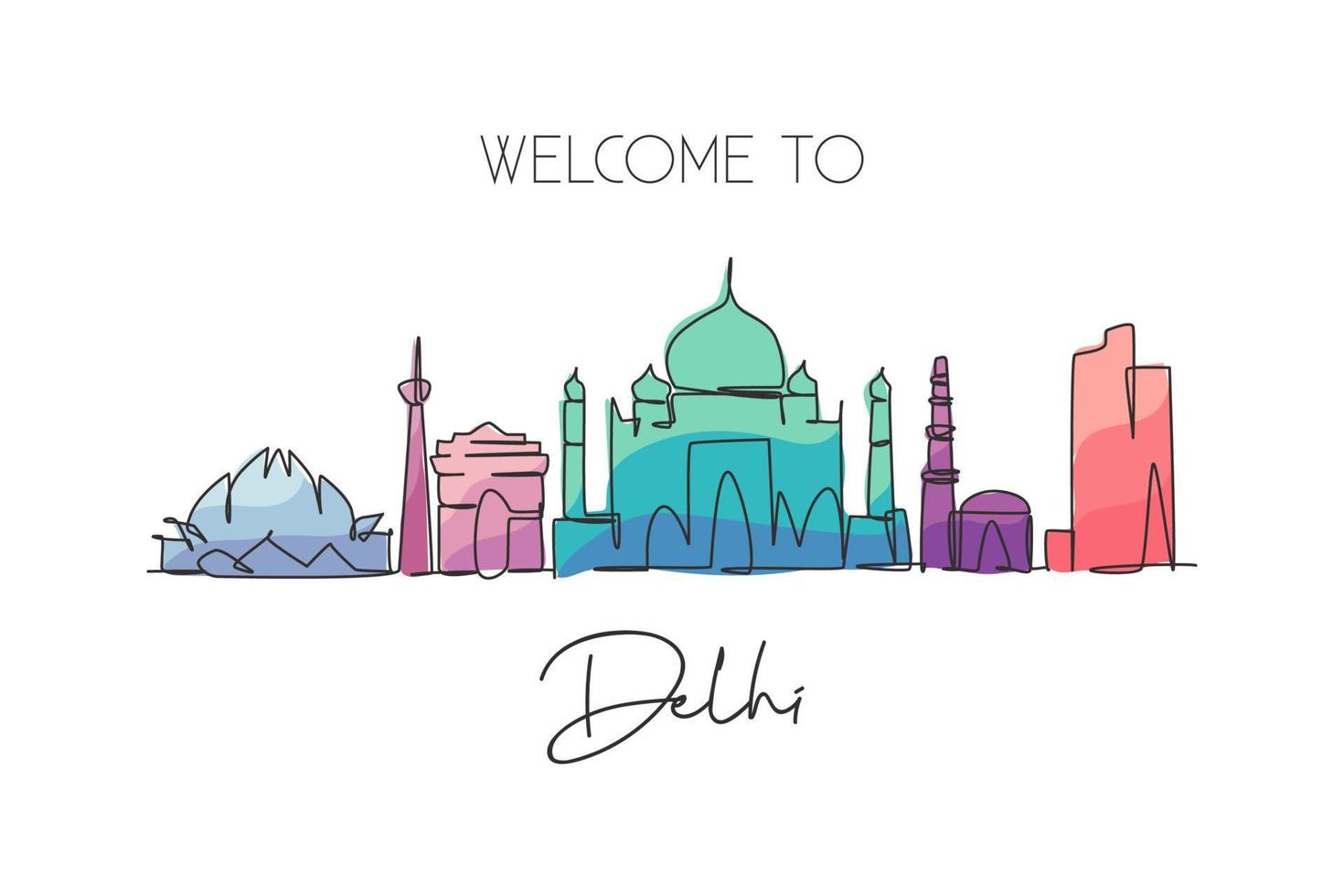 One single line drawing of Delhi city skyline, India. Historical town landscape in the world. Best holiday destination. Editable stroke trendy continuous line draw design vector graphic illustration