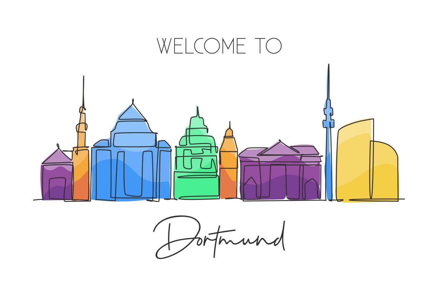 One continuous line drawing Dortmund skyline, Germany. Beautiful city skyscraper. World landscape tourism travel vacation wall decor poster concept. Stylish single line draw design vector illustration