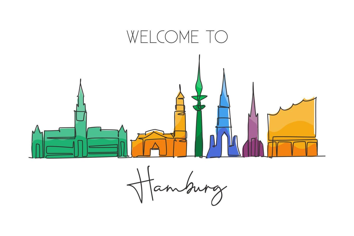 One continuous line drawing of Hamburg city skyline, Germany. Beautiful skyscraper. World landscape tourism travel wall decor poster print concept. Stylish single line draw design vector illustration