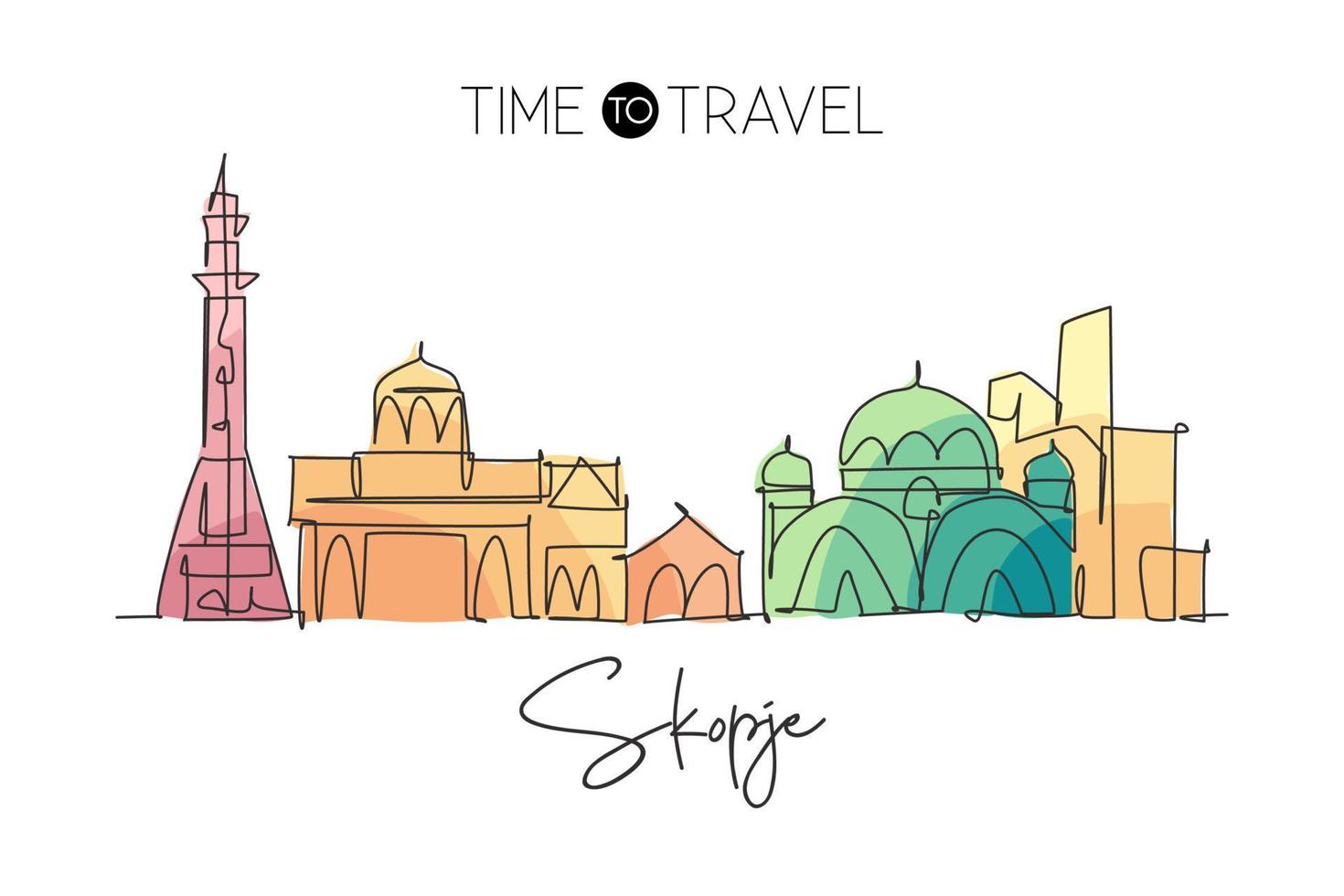 One continuous line drawing of Skopje city skyline, Macedonia. Beautiful landmark. World landscape tourism and travel vacation. Editable stylish art stroke single line draw design vector illustration