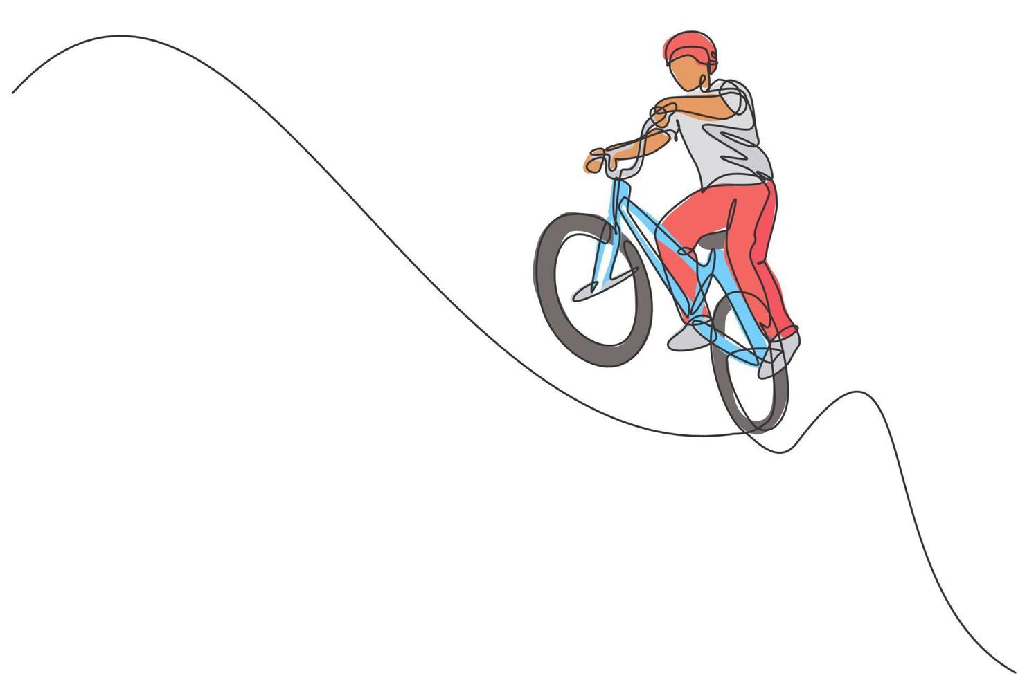 Single continuous line drawing of young BMX cycle rider show flying on the air trick in skatepark. BMX freestyle concept. Trendy one line draw design vector illustration for freestyle promotion media