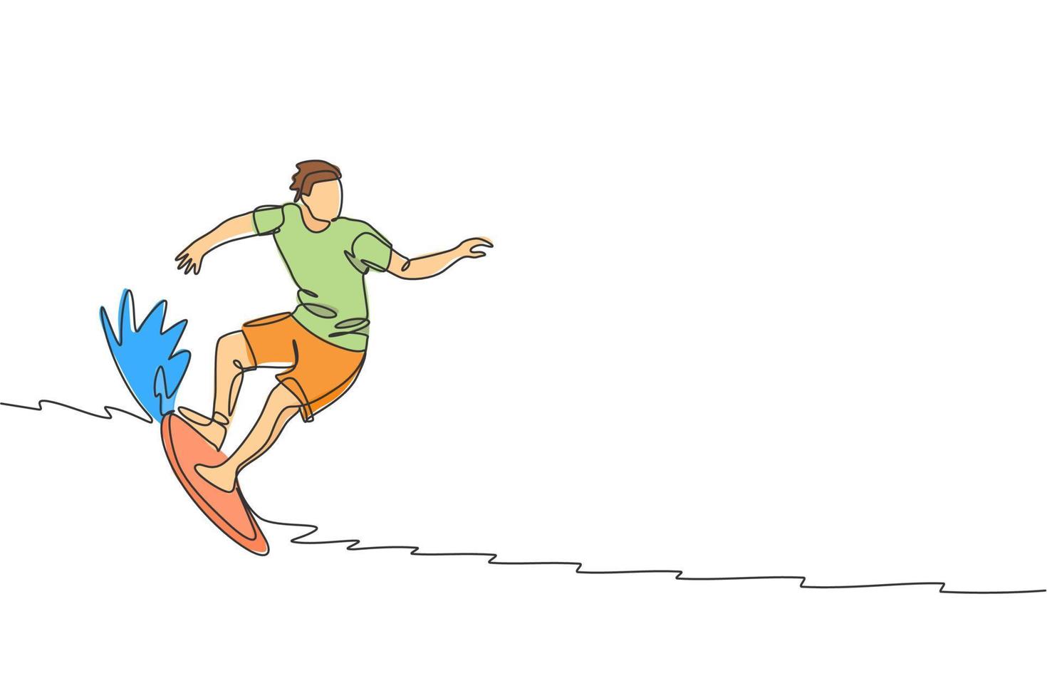 un dibujo de una sola línea de un joven surfista deportivo cabalgando sobre grandes olas en un gráfico de ilustración vectorial del paraíso de la playa de surf. concepto de deporte acuático extremo. diseño moderno de dibujo de línea continua vector