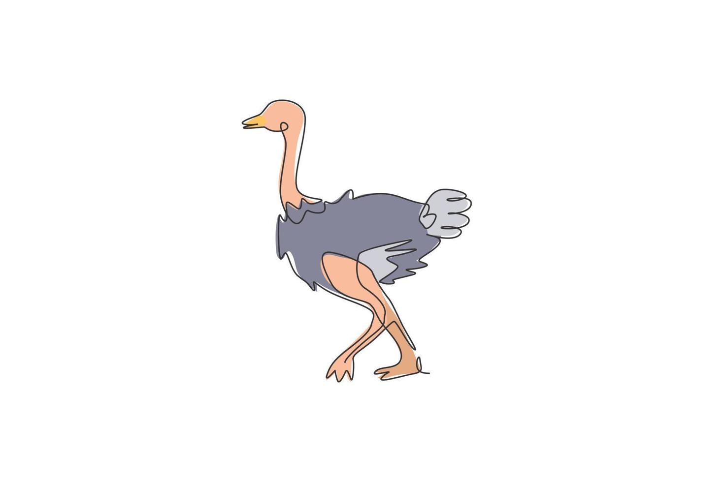 Single continuous line drawing of cute big ostrich bird. Endangered animal national park conservation. Safari zoo concept. Trendy one line draw design graphic vector illustration