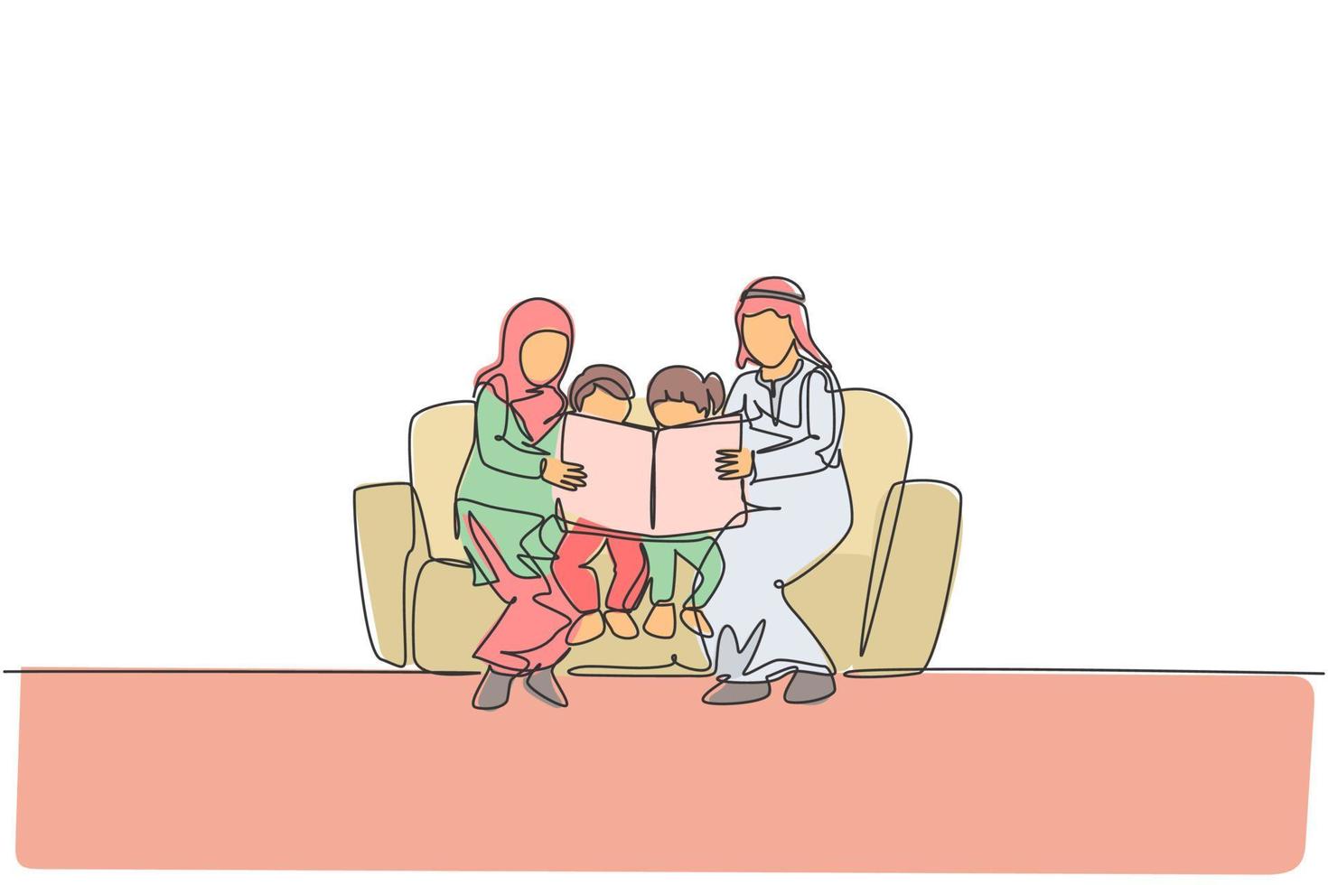 Un solo dibujo de línea continua de una familia árabe joven sentada en el sofá leyendo un libro. concepto de paternidad de familia feliz musulmana islámica. Ilustración de vector de diseño de dibujo gráfico de una línea de moda