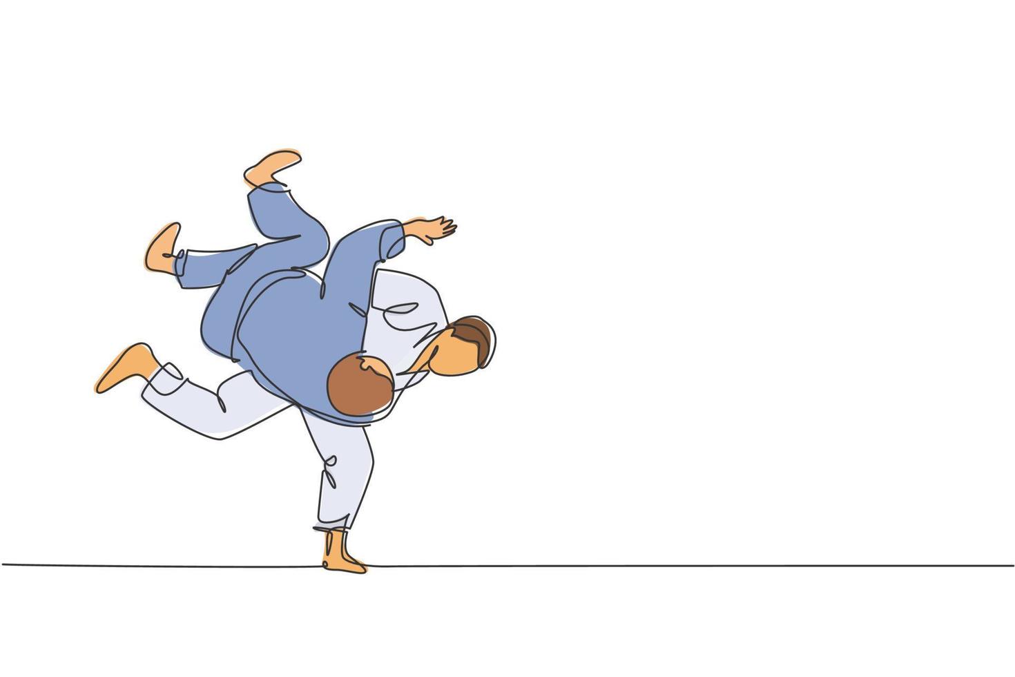 un dibujo de línea continua de dos jóvenes deportistas entrenando técnica de judo en el pabellón deportivo. concepto de competencia deportiva de lucha de batalla de jiu jitsu. Gráfico dinámico de ilustración vectorial de diseño de dibujo de una sola línea vector