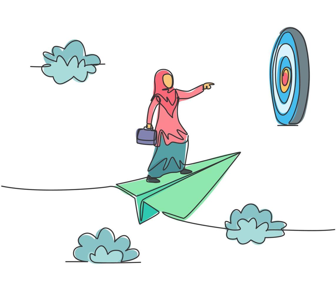 Continuous one line drawing young Arab female worker on flying paper plane ready to hit target. Success business manager. Minimalist metaphor concept. Single line design vector graphic illustration