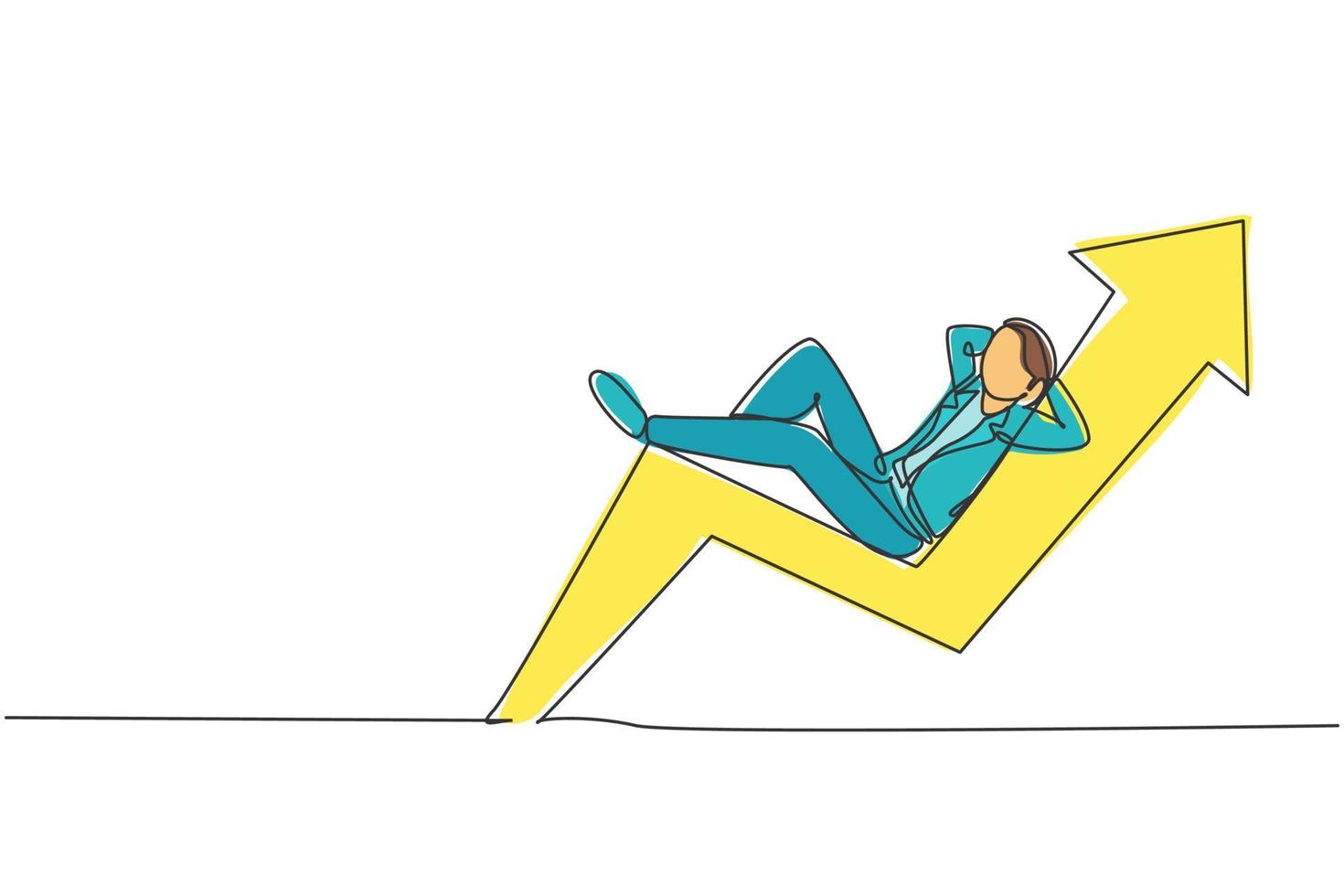 Single one line drawing of young smart investor lay down relaxing on up arrow symbol. Business investment stock growth minimal concept. Modern continuous line draw design graphic vector illustration