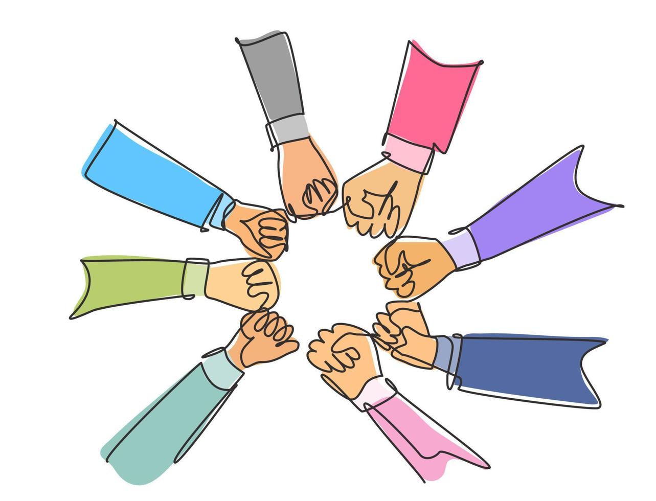 Single continuous line drawing group of young business people unite their hands together to form a circle shape as a unity symbol. Teamwork concept one line draw graphic design vector illustration