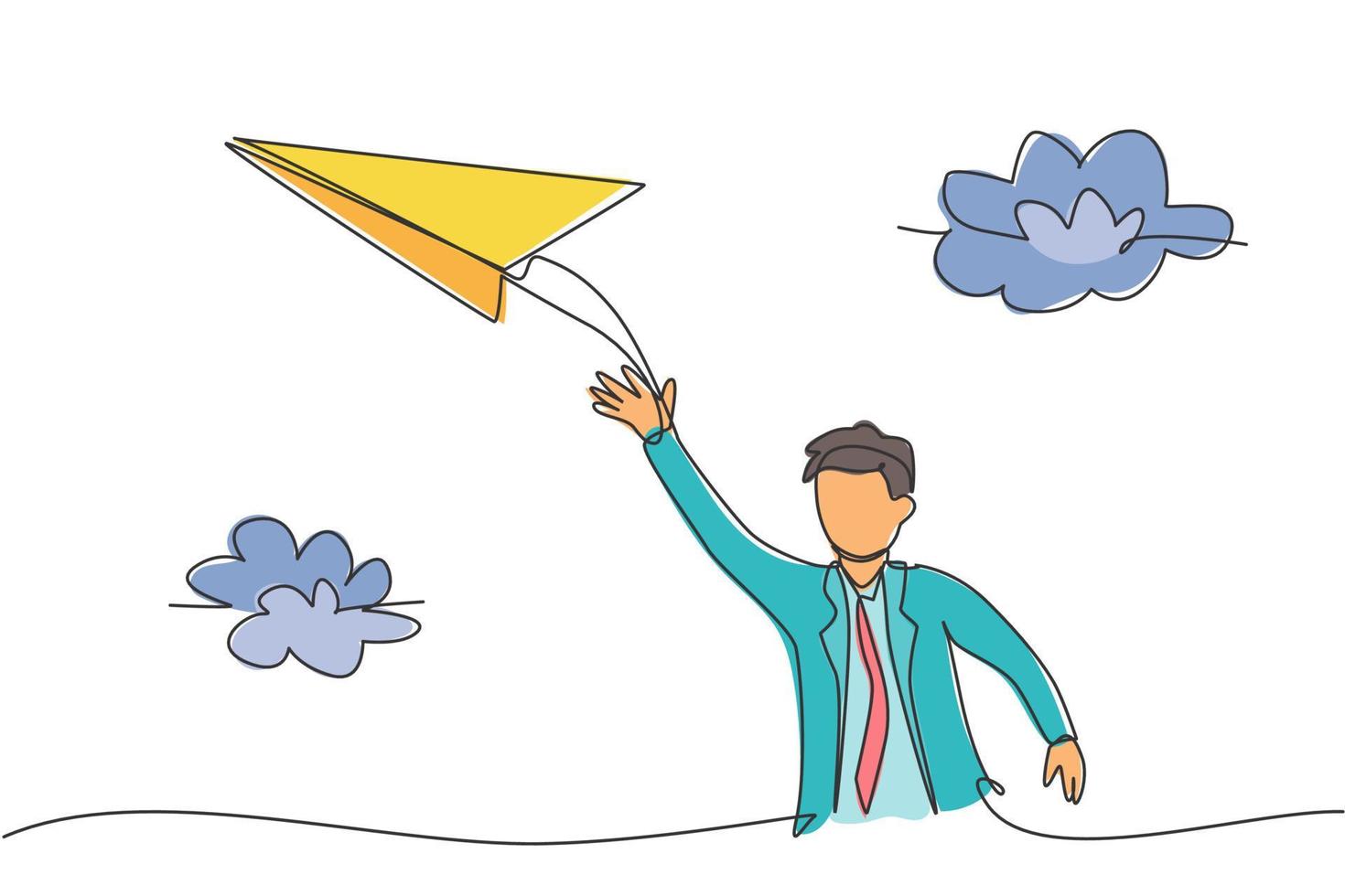 Single continuous line drawing of young business man flies paper airplane into the sky. Professional businessman, metaphor concept. Minimalism dynamic one line draw. Graphic design vector illustration