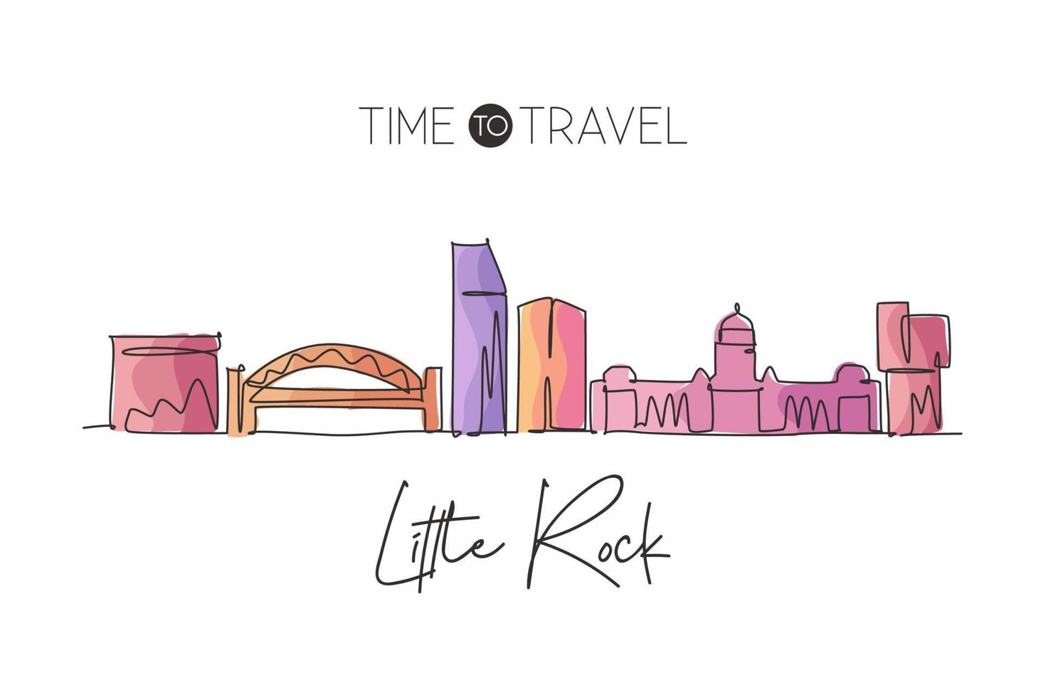 One single line drawing Little Rock city skyline, Arkansas. World historical town landscape. Best holiday destination postcard. Editable stroke trendy continuous line draw design vector illustration