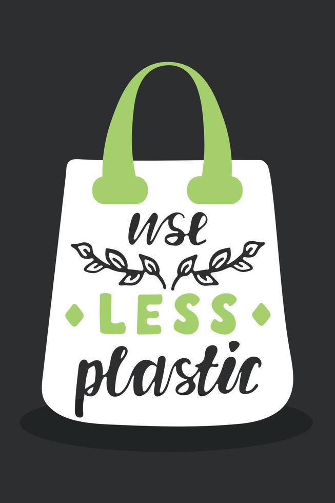 Zero waste concept poster. Use less plastic handwritten text with reusable bag vector