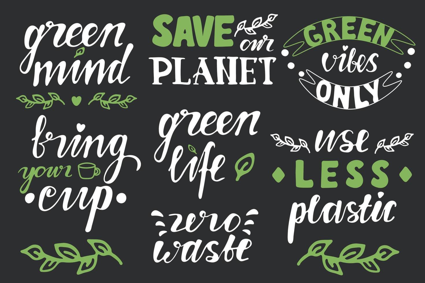 conjunto de ecológico y cero residuos citas, salvar planeta,menos plástico, verde mente etc vector