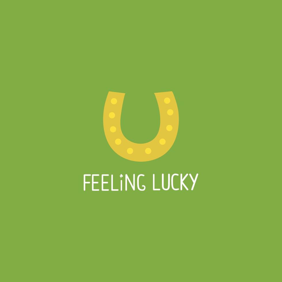 Minimalistic st patricks day card with horseshoe and feeling lucky text. vector