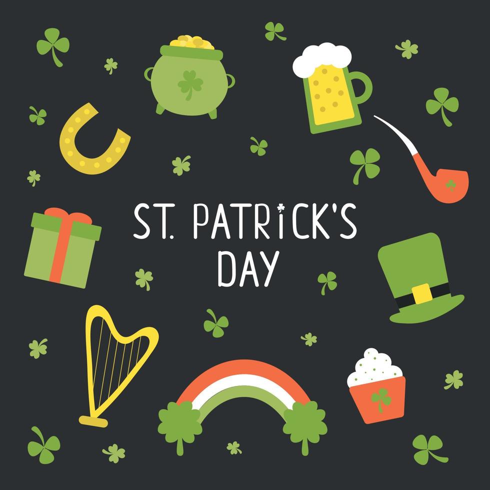 Handdrawn set of elements for st patricks day. Pot of gold,rainbow,hat,harp,wooden pipe,horseshoe etc vector