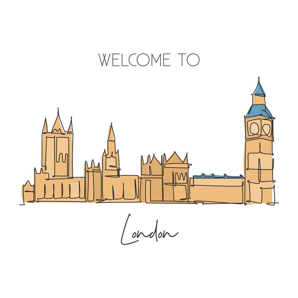One single line drawing house of parliament London landmark. World famous iconic in England United Kingdom. Tourism and travel post card concept. Trendy continuous line draw design vector illustration
