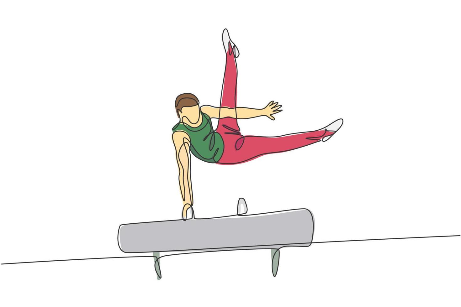 Single continuous line drawing young handsome professional gymnast man perform acrobatic motion. Pommel horse training and stretching concept. Trendy one line draw design vector graphic illustration