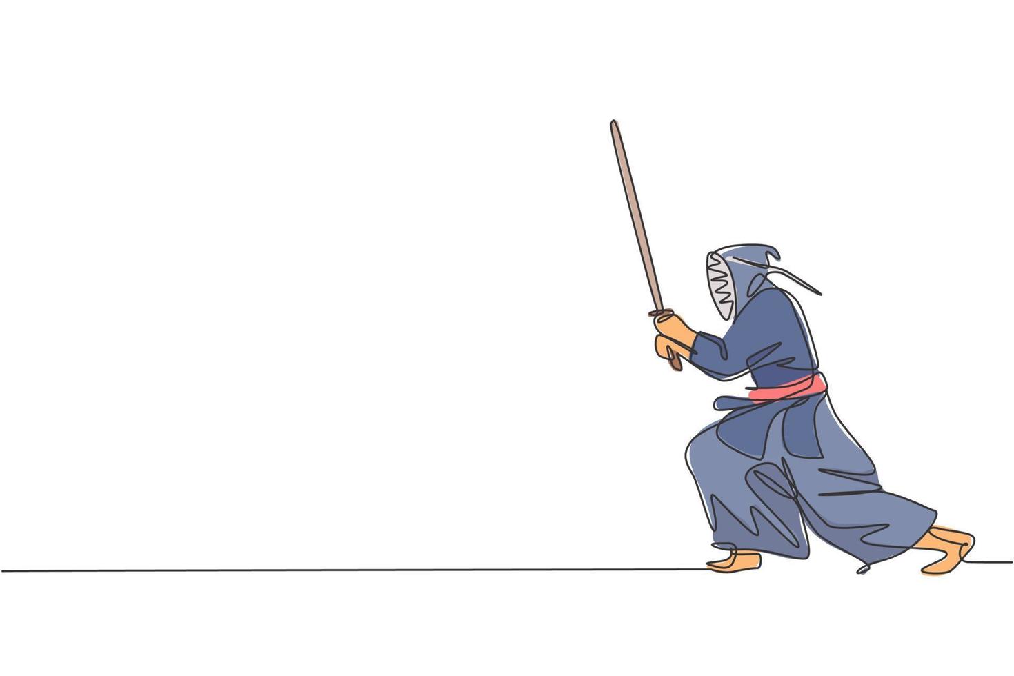 One continuous line drawing of young sporty man training kendo attack fighting skill in dojo center. Healthy martial art sport concept. Dynamic single line draw design graphic vector illustration