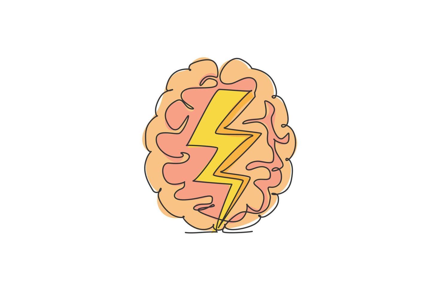 One continuous line drawing of thunderbolt strike inside human brain logo icon. Fast process of thinking logotype symbol template concept. Trendy single line draw design vector illustration