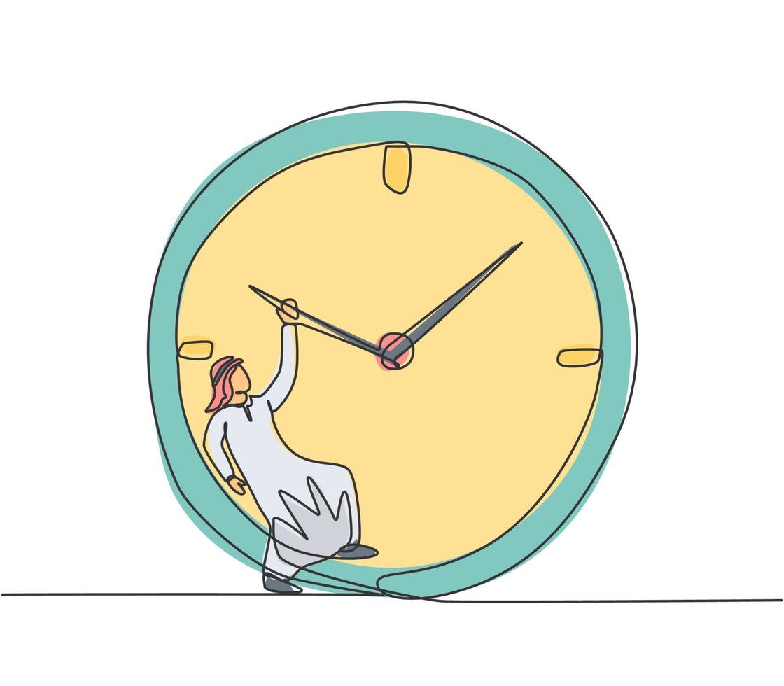 Continuous one line drawing young Arab male worker hanging on clockwise of giant analog clock. Business time discipline metaphor concept. Single line draw design vector graphic illustration.