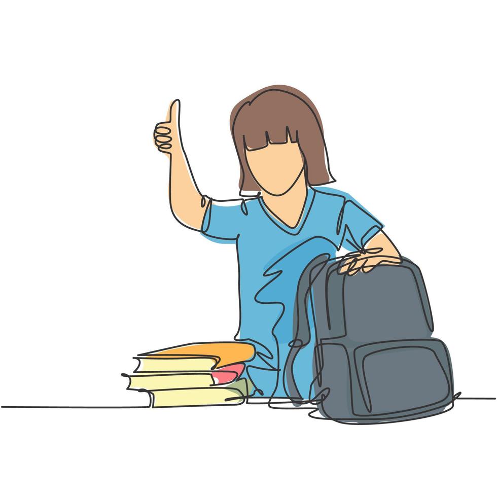 One line drawing of young happy elementary school girl student packing stack of books up to put into the bag. Education concept continuous line draw graphic design vector illustration