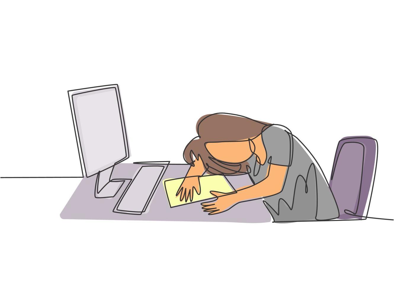 Single continuous line drawing of young tired female employee sleeping on the work desk with computer. Work fatigue at the office concept. Trendy one line draw design graphic vector illustration