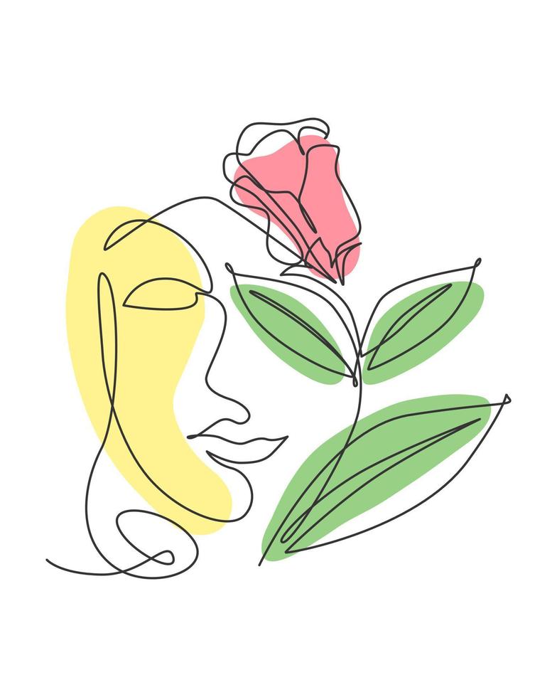 dibujo de línea continua única cara de mujer bonita con flores. concepto de  impresión botánica de