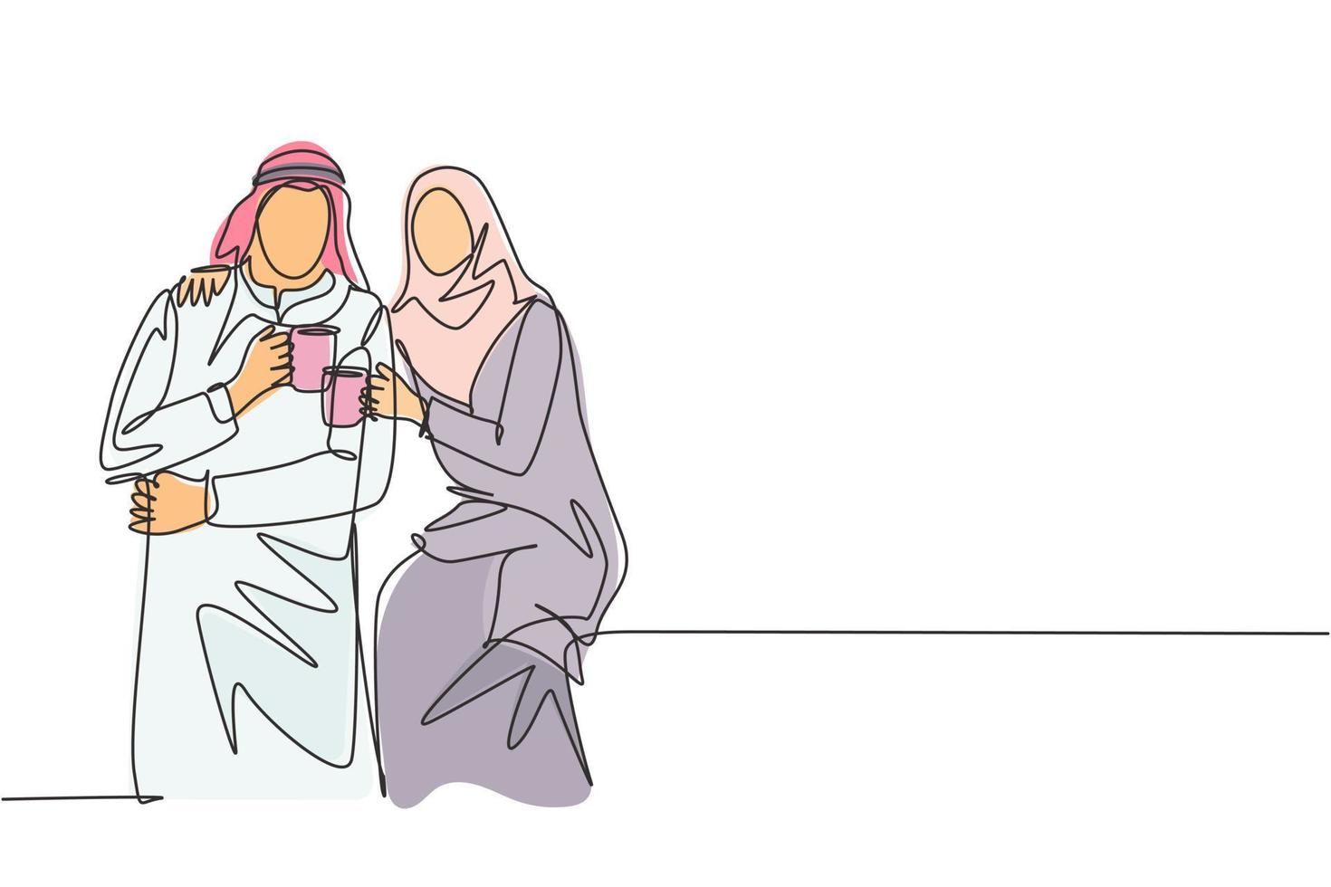 One continuous line drawing of young muslim and muslimah couple pose romantic together while holding a cup of coffee. Islamic clothing shmagh, kandura, scarf. Single line draw design illustration vector