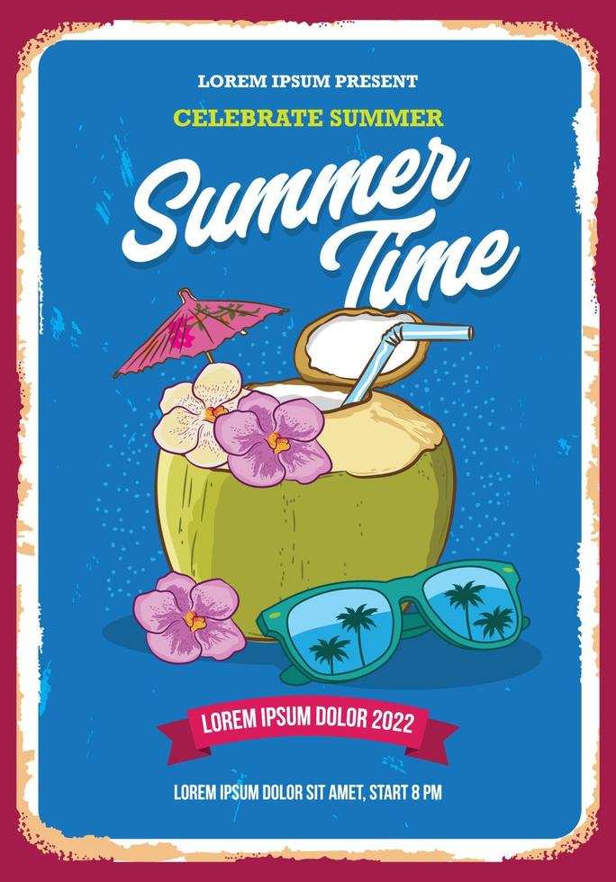 Summer party retro vintage poster with young coconut drink and sunglasses vector