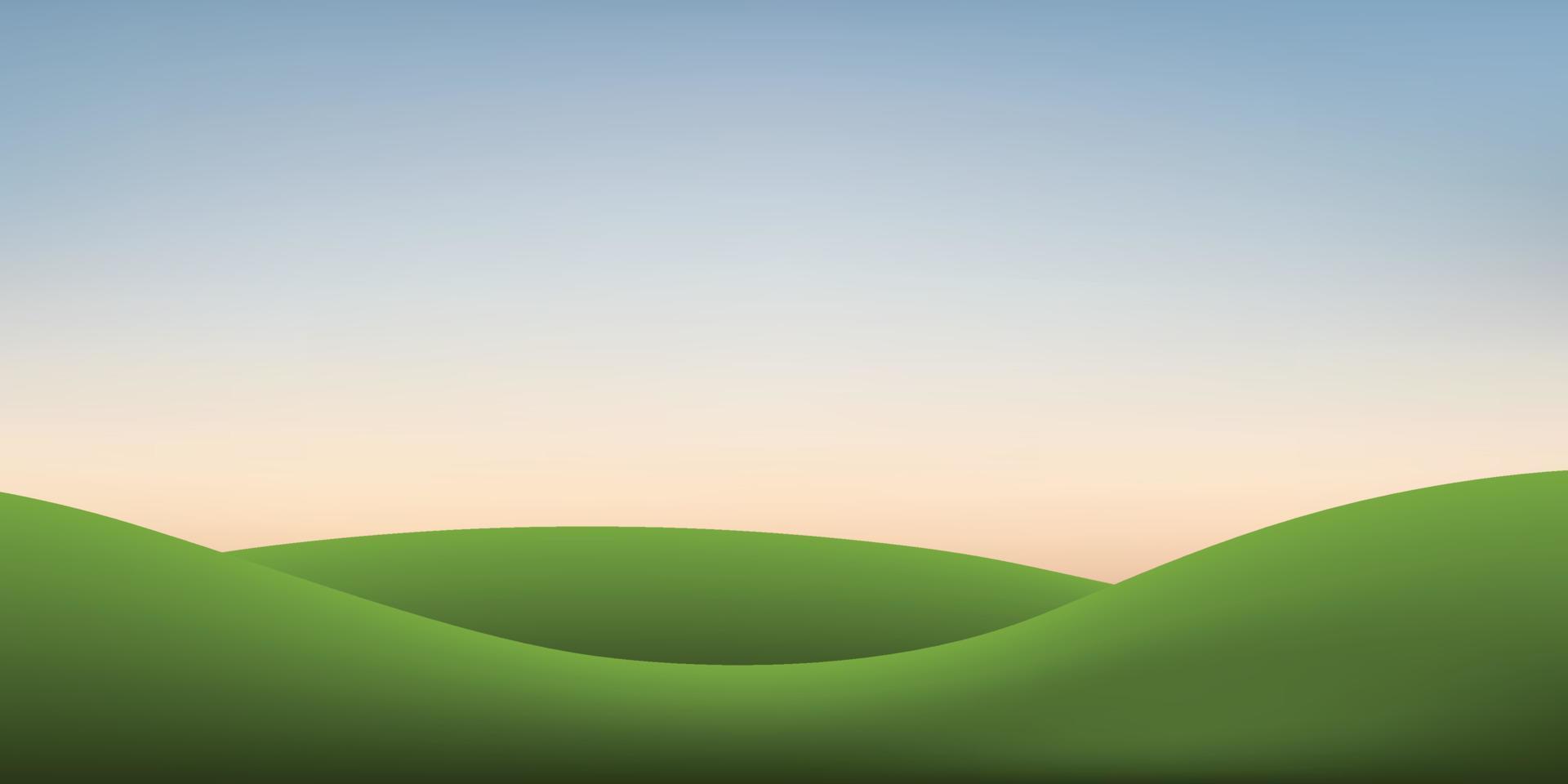 Green grass hill and sunset sky background. Outdoor natural background for template design. Vector. vector