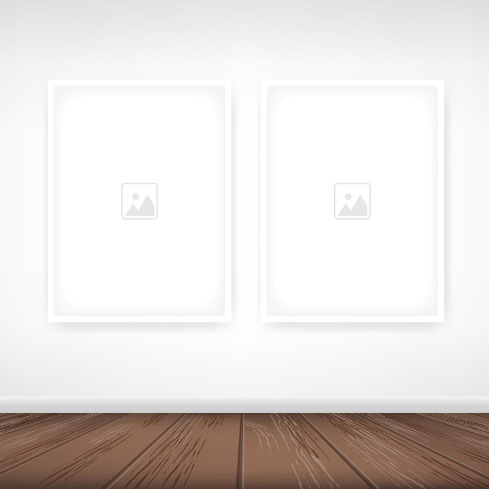 Photo frame or picture frame on white wall background with wooden floor. Vector. vector