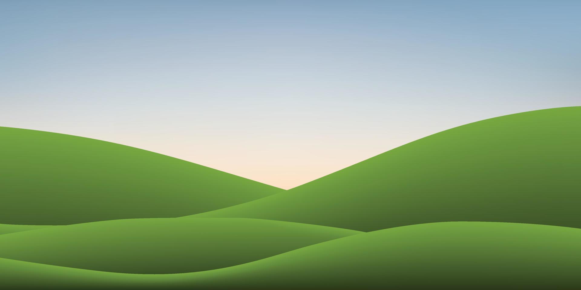 Green grass hill and sunset sky background. Outdoor natural background for template design. Vector illustration.