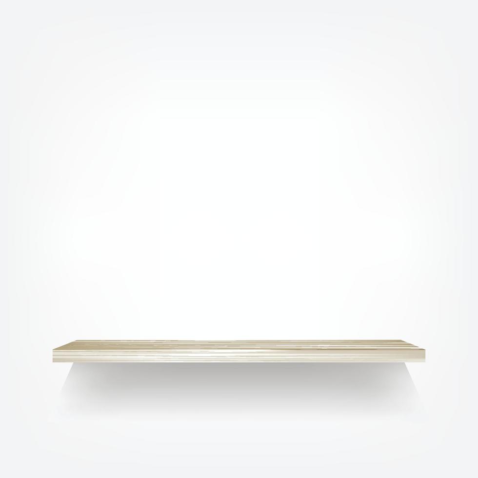 Empty wood shelf on white background with soft shadow. 3D empty wooden shelves on white wall. Vector illustration.