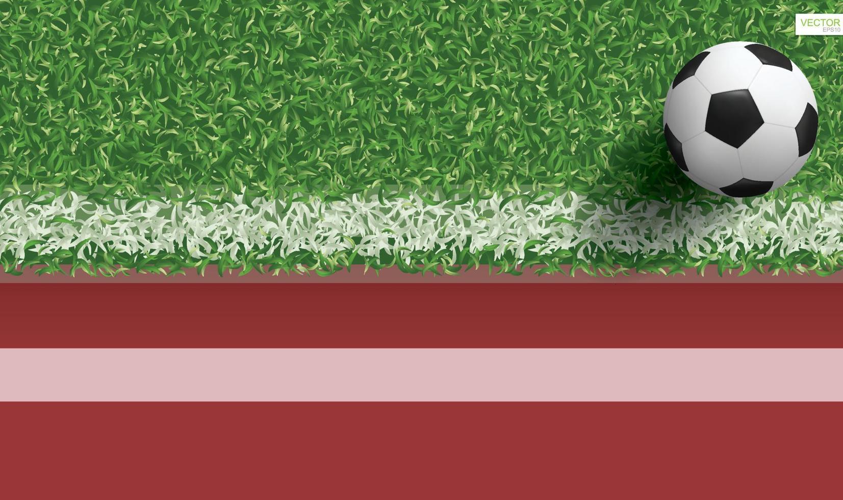 Soccer football ball on green grass of soccer field with running track for sports background. Vector. vector