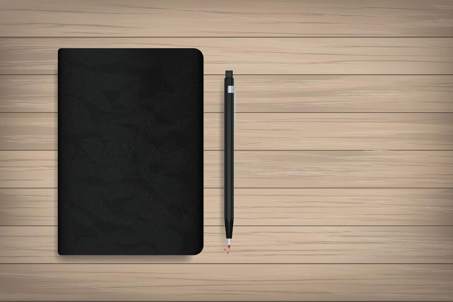 Memory book with black cover texture and pencil on wood background. Vector. vector