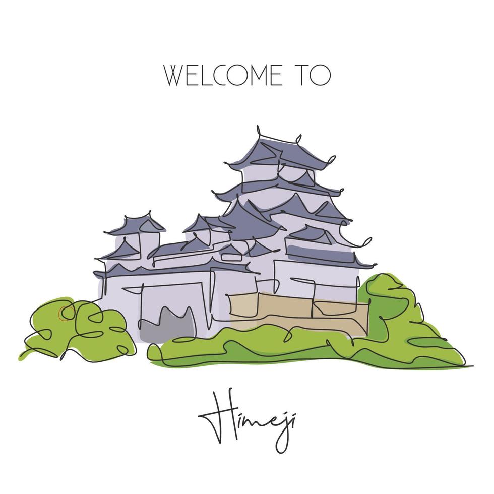 dibujo de una sola línea continua hito del castillo de himeji. el palacio famoso más antiguo de himeji, japón. concepto de impresión de póster de decoración de pared de arte de casa de viaje mundial. Ilustración de vector de diseño de dibujo de una línea moderna