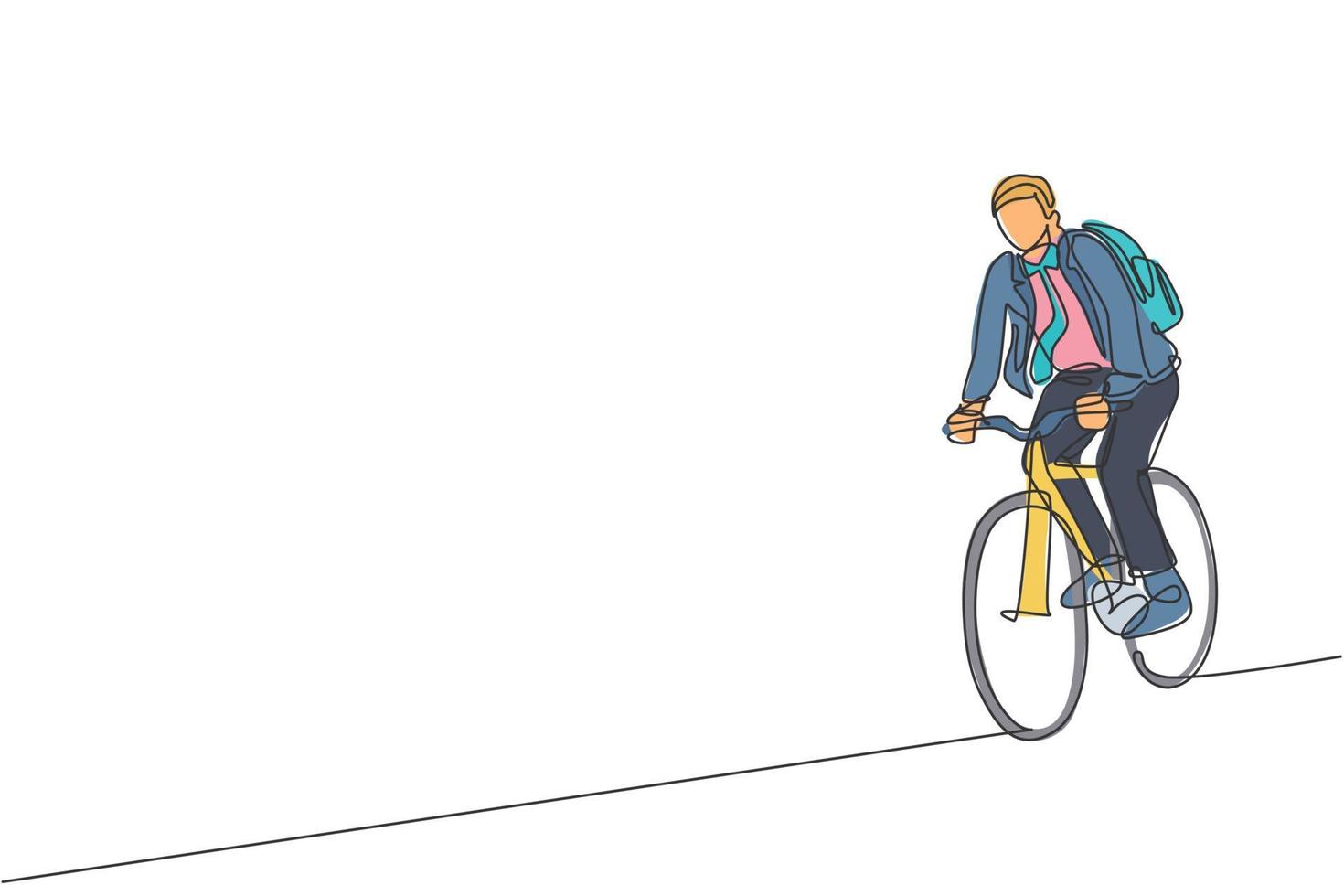 dibujo de una sola línea continua joven empresario profesional montando en bicicleta a su empresa. bicicleta al trabajo, concepto de transporte ecológico. gráfico de ilustración vectorial de diseño de dibujo de una línea de moda vector