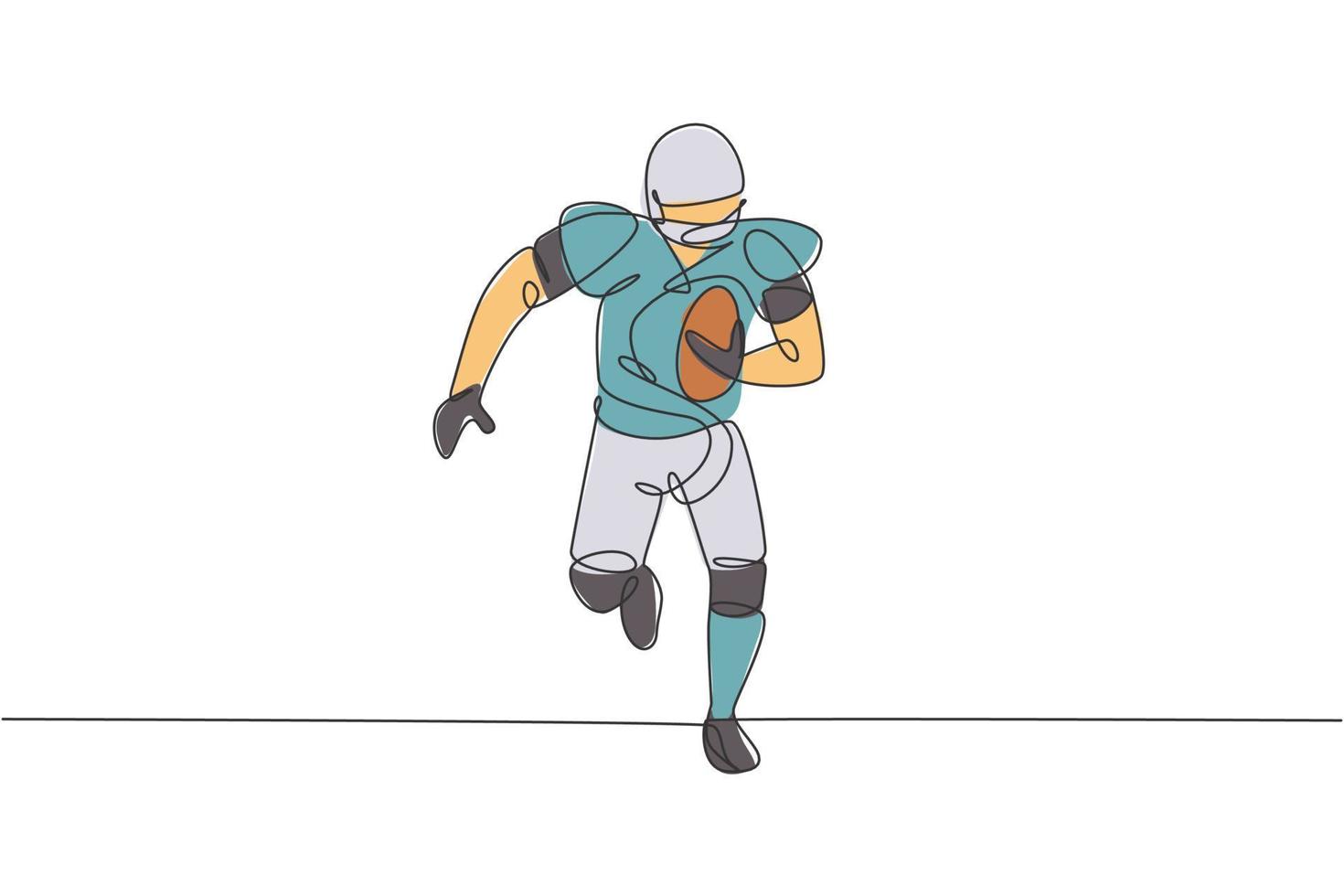 dibujo de una sola línea continua de un joven y ágil jugador de fútbol americano corriendo rápido hacia la línea de gol para los medios de competición. concepto de ejercicio deportivo. ilustración de vector de diseño de dibujo de una línea de moda