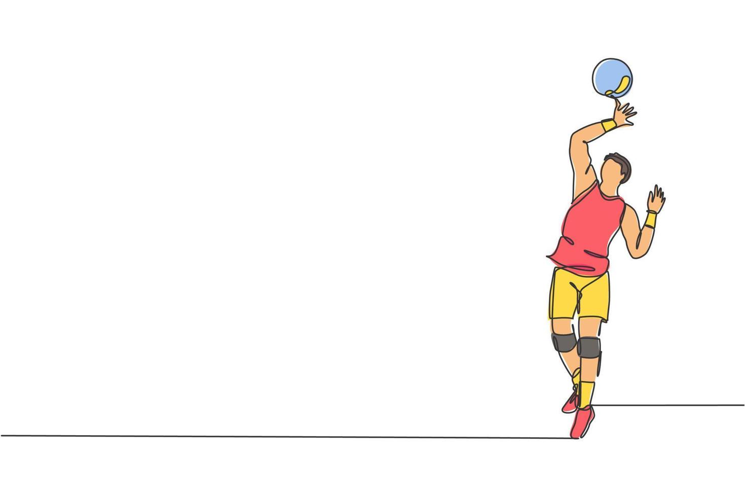 soltero continuo línea dibujo de masculino joven vóleibol atleta jugador en acción servir el pelota en corte. equipo deporte concepto. competencia juego. de moda uno línea dibujar diseño vector gráfico ilustración