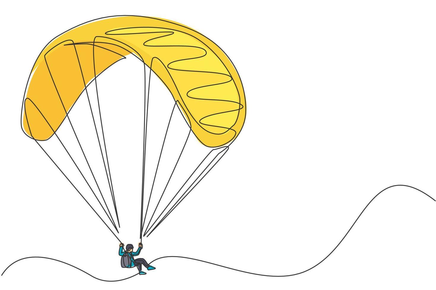un dibujo de una sola línea de un joven deportista que vuela con un paracaídas de parapente en el gráfico de ilustración vectorial del cielo. concepto de deporte extremo. diseño moderno de dibujo de línea continua vector