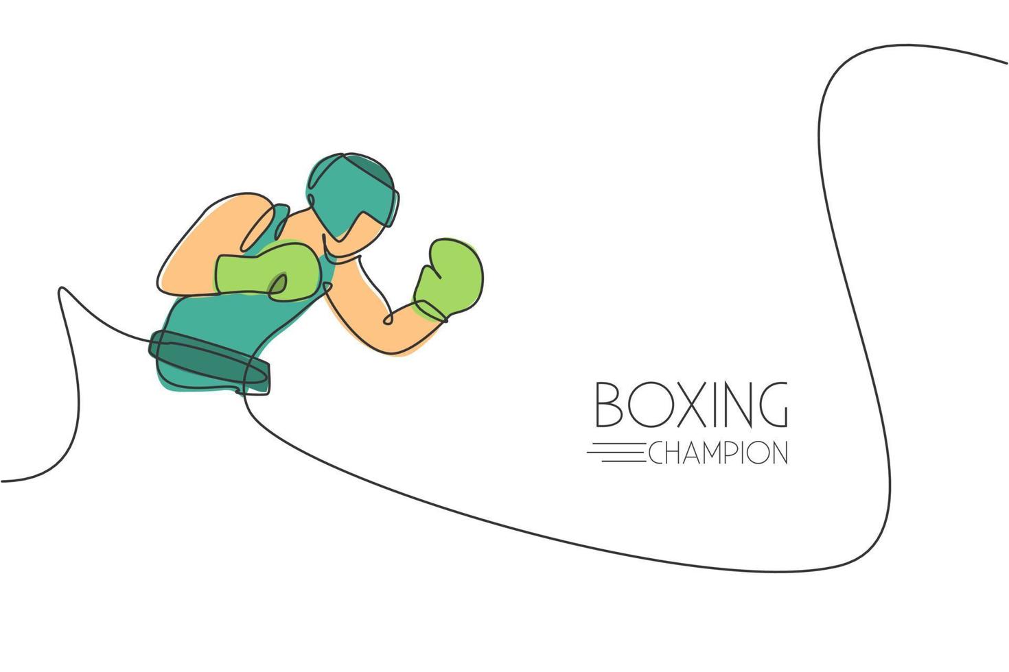 One continuous line drawing of young sporty man boxer focus practicing at gym. Competitive combat sport concept. Dynamic single line draw design vector illustration for boxing match promotion poster