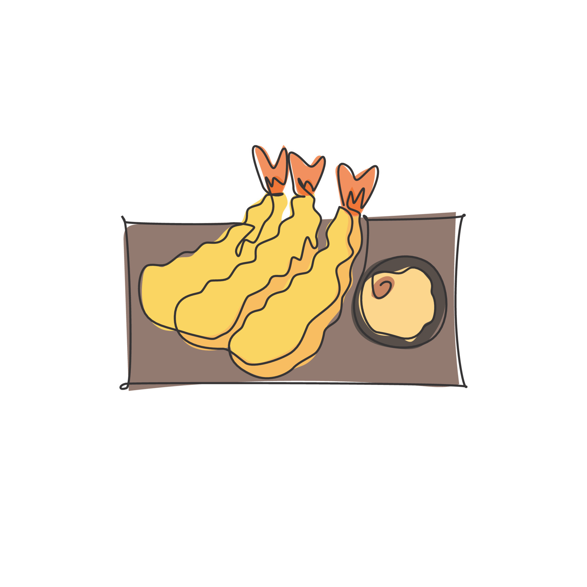 One continuous line drawing of fresh delicious Japanese shrimp tempura